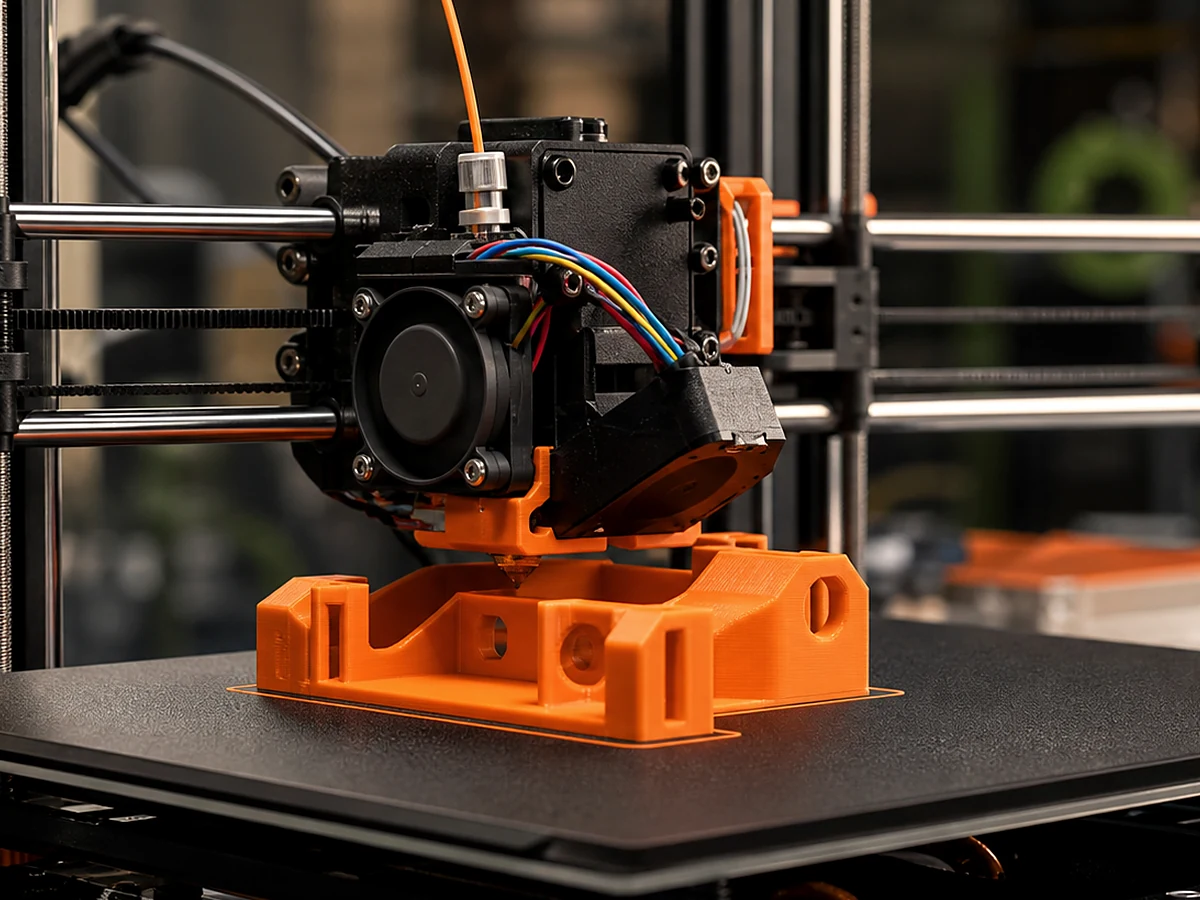 3D printer building an orange industrial prototype on a print bed