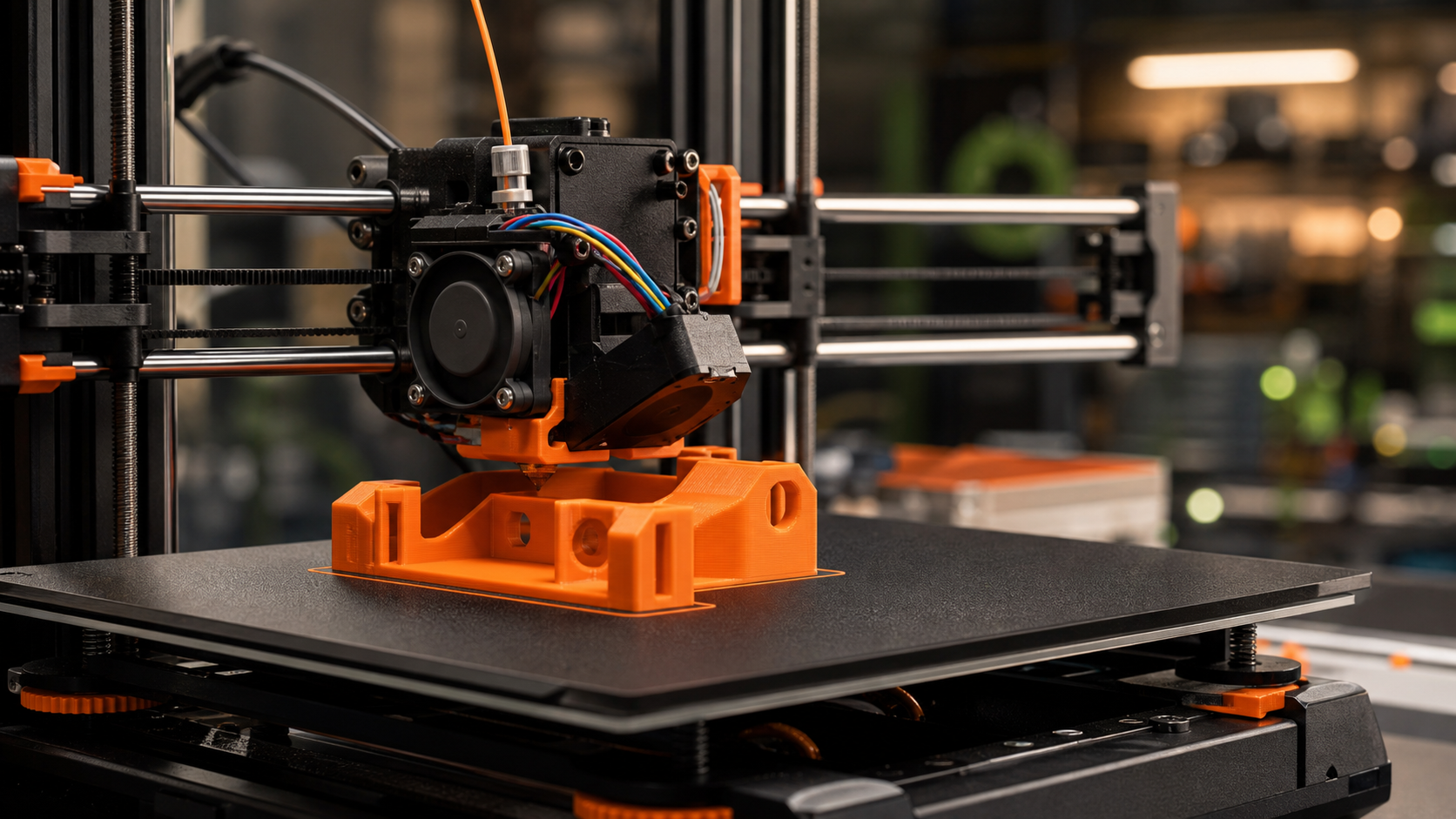 Close-up view of a 3D printer building an orange component